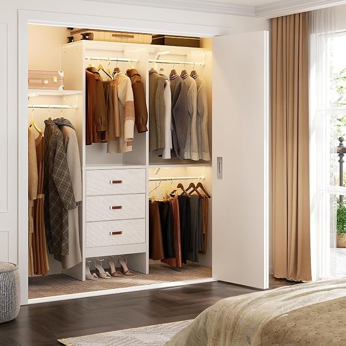 5FT Small Closet System with 3 Fabric Drawers, 60 Inches Walk In Closet Organizer System With 3 Adjustable Shelves, Heavy Duty Clothes Rack Built-In Garment Rack, 59" L x 16" W x 71" H, White - Image 2