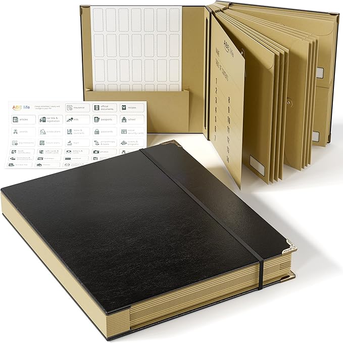 ABC life Important Document Organizer, Black | Spine-Free Design with Elastic Closure, for Important Papers, Passports, Birth Certificates, Passports, Photos and Letters by ABClife