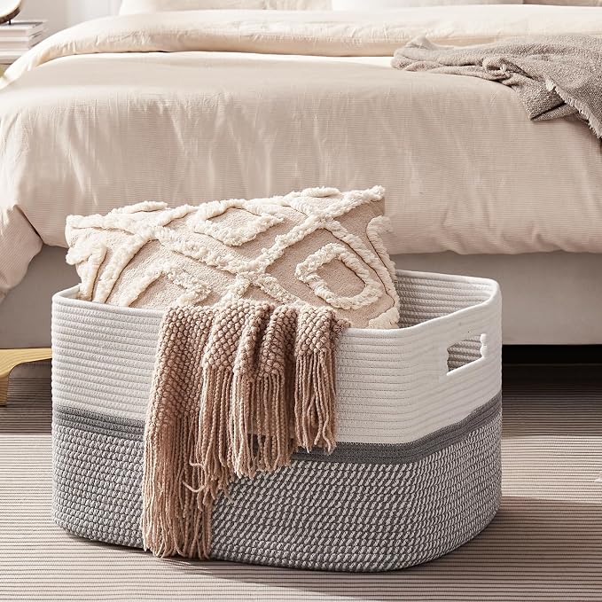 OIAHOMY Blanket Basket Laundry Basket Dog Toy Basket 75L Grey/White | Large Storage Basket,Baby Basket,Toy Storage,Woven Rope Basket for Blankets,Blanket Storage for Living Room - Image 6