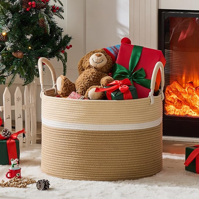 KAKAMAY Large Blanket Basket with Handles, Storage Basket for Living Room | Extra Large Capacity | Natural Cotton Rope | Blanket Storage | Woven Storage Basket | Stuffed Animal Storage | Laundry Basket - Image 7