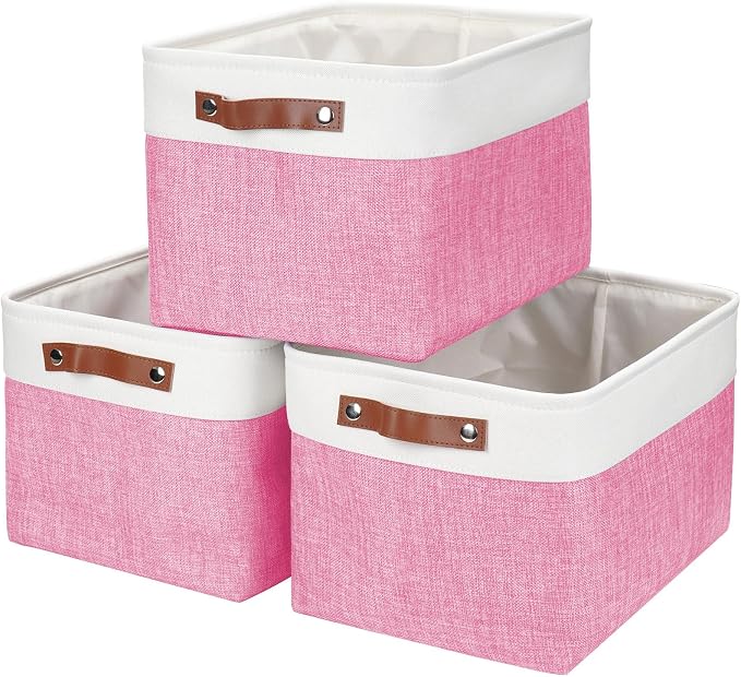 Storage Bins Large Fabric Storage Baskets for Shelves 3 Pack, Decorative Linen Closet Baskets with Handles for Organizing, Shelf, Clothes, Home, Office, 15x11x9.5Inches (Pink&White) by Bagnizer