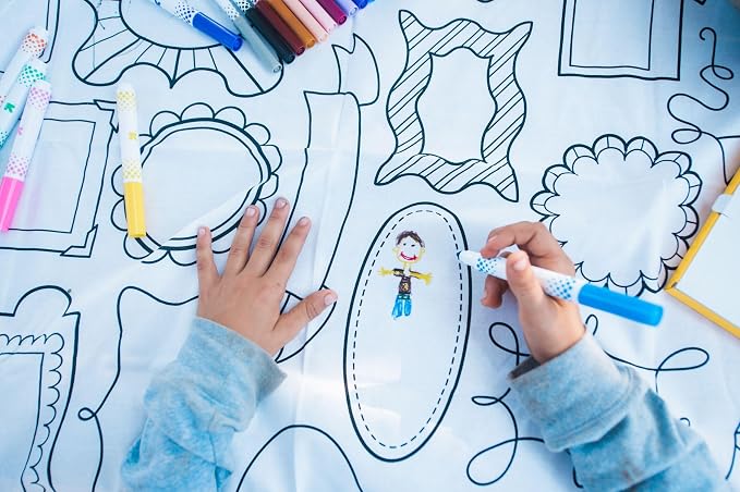 Frame Fun Design – Square Tablecloth 60”X60” – Interactive Coloring Tablecloth for Kids – Poly/Cotton Fabric - Washable and Reusable – DIY Coloring Activity for Children and Adults by TheColoringTable