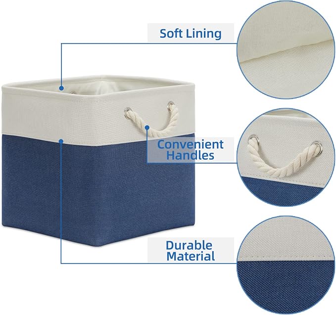 Temary Fabric Storage Cubes for Organizing 4Pack Blue Fabric Storage Basket 12 Inch Cube Storage Bins with Handles for Organizing Toys, Shelf Baskets for Home Office Closet (White&Blue) - Image 3