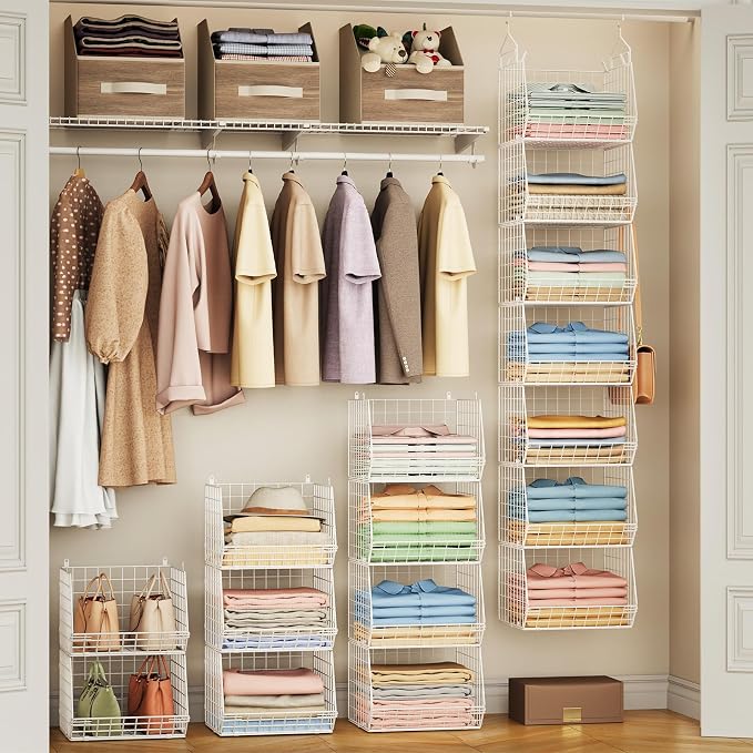 7 Tier Hanging Closet Organizer and Storage, Foldable Wire Closet Shelving with 4 Large Hooks+5 S Hooks,Hanging Basket for Clothes Sweaters Shoes Handbags,Wardrobe Kitchen Laundry Room-White - Image 2