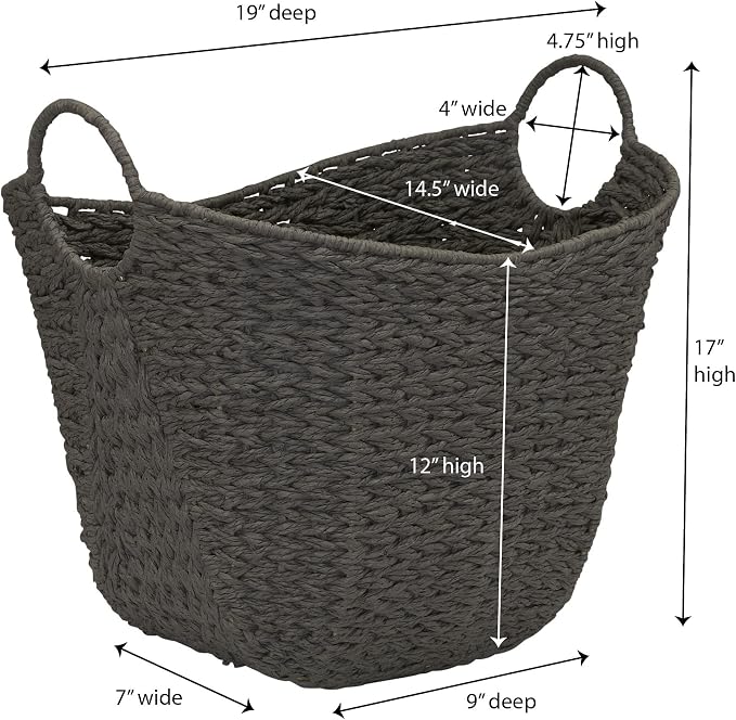 Household Essentials Handwoven Paper Rope Storage Basket with Metal Frame and Handles, Gray - Image 2
