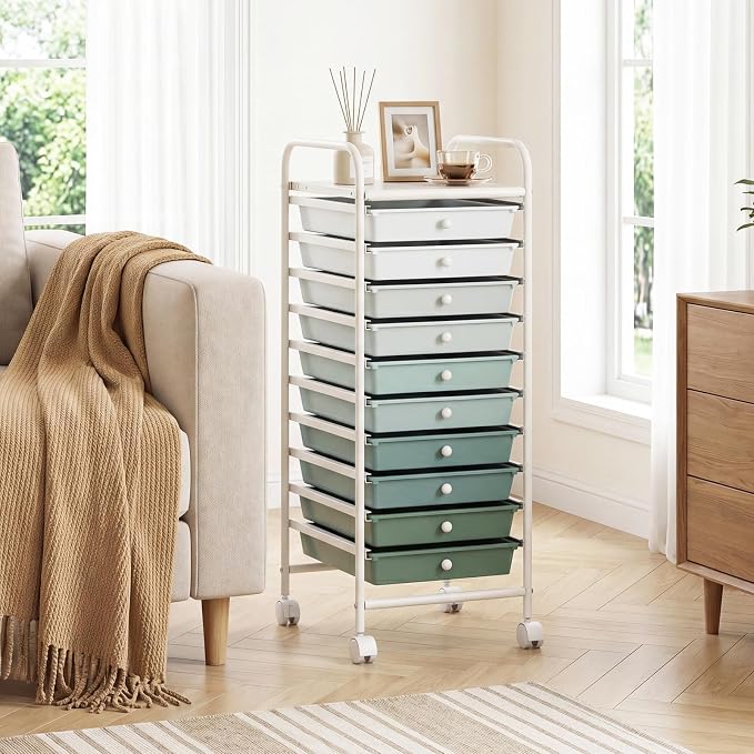 GOFLAME 10-Drawer Rolling Storage Drawer Cart, Utility Cart with Removable Drawers & Metal Frame, Mobile Art Craft Drawer Cart with Lockable Wheels for Home, Office, Studio, School, Green Gradient - Image 9