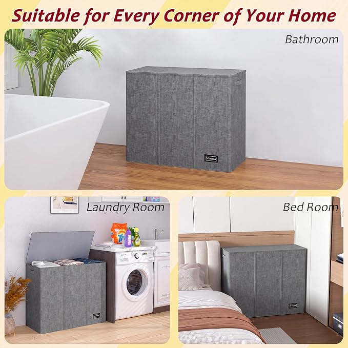 175L Laundry Hamper 3 Section,Large Laundry Hamper with Lid,Dirty Clothes Hamper with 3 Inner Bags,Collapsible Laundry Basket Organizer for Laundry Room,Bedroom,Laundry Sorter Hamper 3 Compartment - Image 7