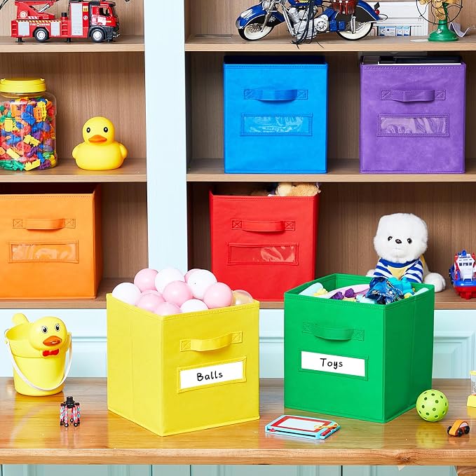 FillTouch 18pcs 11 Inch Fabric Storage Cubes Sturdy Colorful Cube Storage Bins with Label Window Handle Foldable Baskets for Kids Organizing Clothes, Toys, Books(School Color) - Image 5