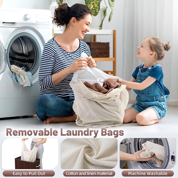 Aliphon 100L Laundry Hamper with lid, 2-Section Clothes Laundry Basket with Handles, Large Collapsible Bamboo Baskets for Bedroom, Bathroom, Dorm, Brown - Image 6