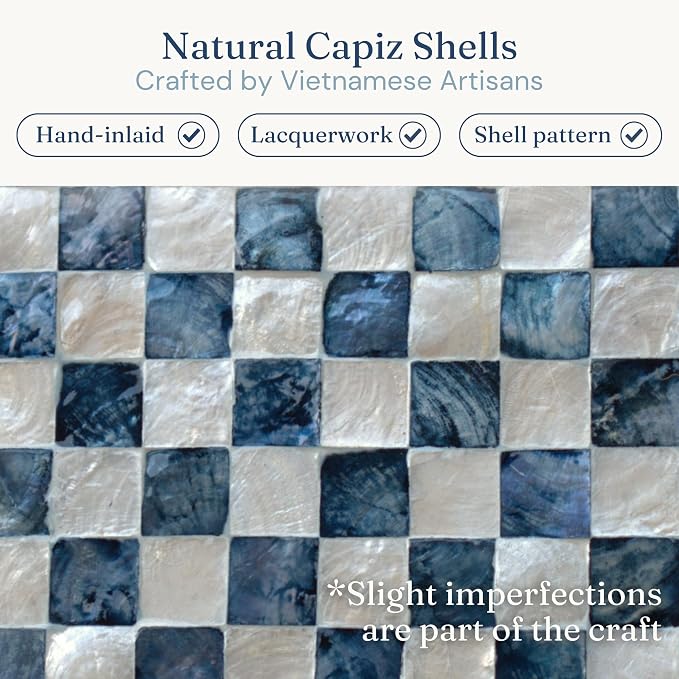 12"x8" Decorative Capiz Boxes Keepsake Trunk, Navy Blue, Set 2 | Handmade capiz inlaid keepsake boxes for photos, blue checkered boxes, checkered box decor, blue storage box for bedroom - Image 2