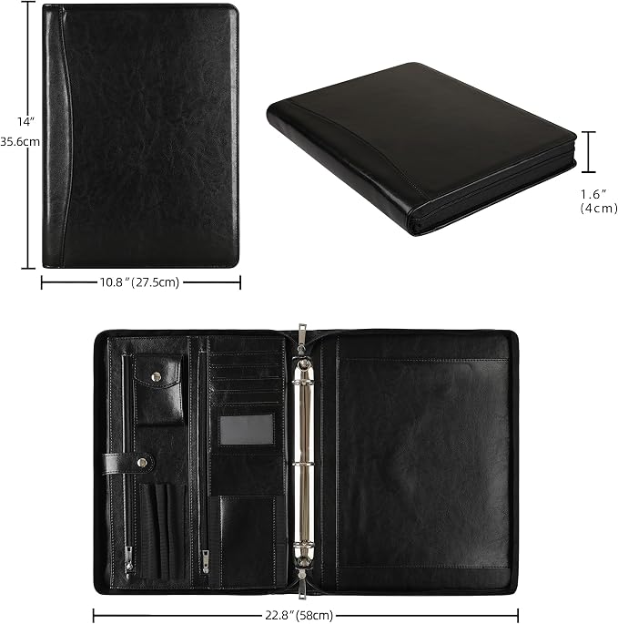 Black Leather Padfolio for Women/Men, Business Leather Binder 3 Ring Portfolio, Personalized Leather Portfolio Binder, Zippered Portfolio Organizer for A4 Notepad & 13-inch Laptop/Tablet - Image 7