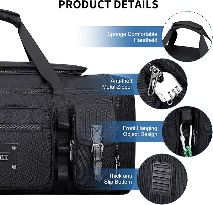 WITZMAN Duffle Bag for Men Large 54L Travel Duffel with Shoe Compartment | Water-resistant Nylon, Dry-wet Pocket, Fits 16" Laptop, Convertible for Gym, Weekender, Sports, Overnight, B717 Black - Image 7