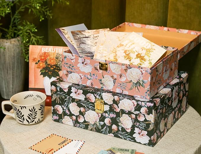 2-Piece Vintage Floral Keepsake Boxes with Lids, Romantic Botanical Garden Design, Decorative Cardboard Memory Storage with Gold-Tone Accent, Elegant Home Décor Storage - Image 3