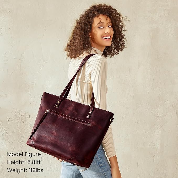 S-ZONE Vintage Genuine Leather Shoulder Bag Work Totes for Women Large | Top Grain Leather, Purse Handbag, Fits Laptop Documents, Luggage Sleeve, Multi Pockets, Work Travel Everyday - Image 2