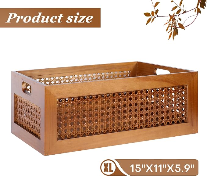 Rattan Wooden Box 15x11x6in Handmade Decorative Storage Basket with Handles | Natural Bamboo Woven Storage Basket Rustic Farmhouse Decor Home Office Tabletop Shelf Drawer Closet Desk Organizer, Brown - Image 4