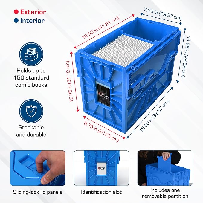 BCW Short Comic Book Bin, Holds 150 Comics Each, Blue, 1 Pack | Each acid-free plastic bin holds 150 Current or Silver Age comics with a locking lid, movable partition, and ID slot. - Image 5