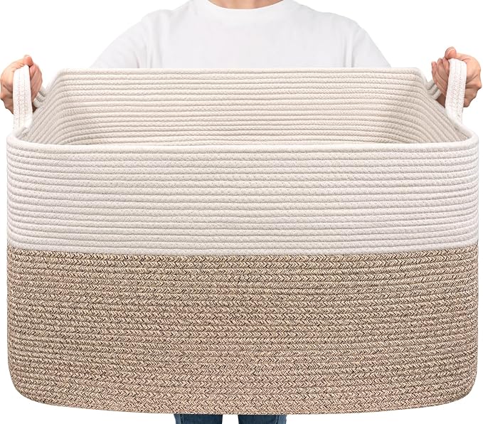 Goodpick 85L Large Woven Rope Blanket Basket, White & Light Brown | 23.6'' x 15.7'' x 13.8'' Storage Basket for Blankets, Toys & Clothes, Nursery & Bedroom Organization, Reinforced Handles by Goodpick