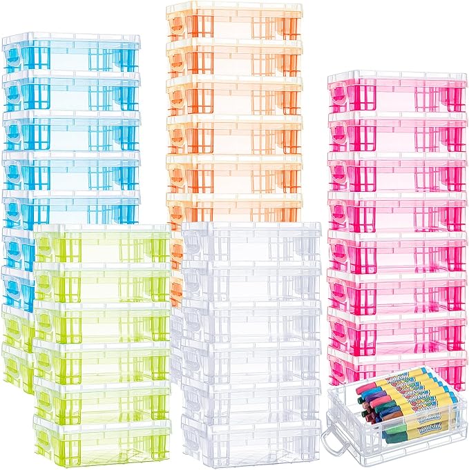 Suzile 40 Pcs Plastic Crayon Boxes Holds 24 Crayon with Snap Lid Storage Container Clear Stackable Case for School Office Classroom Supplies Pen Pencil Craft(Clear, Red, Green, Blue, Orange) by Suzile