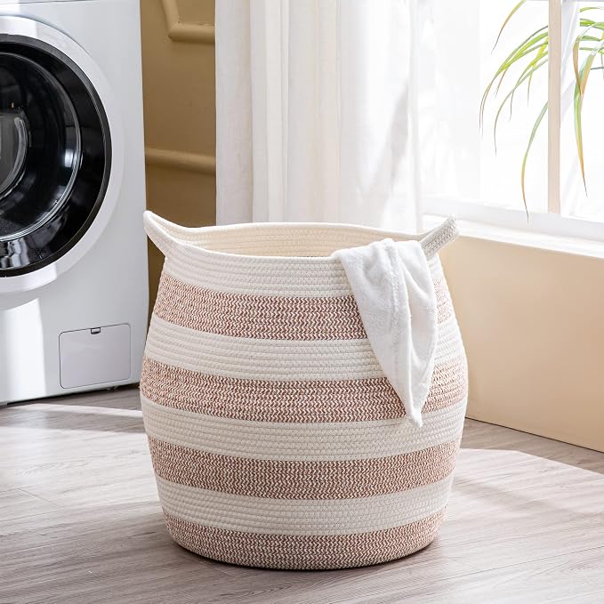 KAKAMAY Woven Baskets for Storage(17"x17"),Large Cotton Rope Woven Baby Laundry Hamper,Collapsible Laundry Basket, Blanket Basket for Organizing Living Room,Nursery,Pillows,Toy Chest(Rose) - Image 3