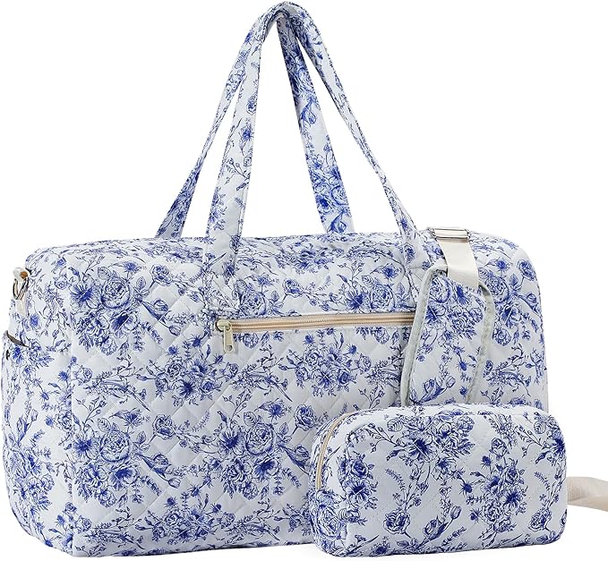Quilted Floral Duffel Bag 2 Pack Weekender with Shoe Compartment | Women's Overnight Hospital Bag for Labor Delivery, Carry-On Travel Duffel with Toiletry Pouch for Gym & Weekend Getaway by Unknown