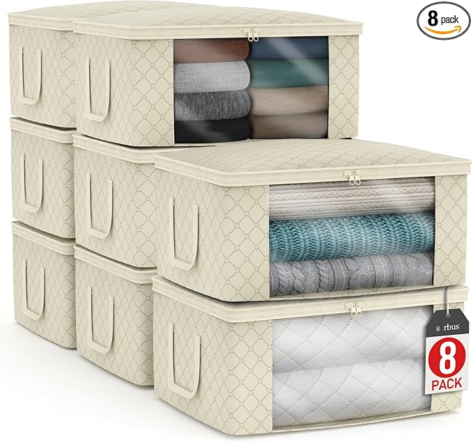 Sorbus Medium Clothes Storage Bags - Foldable Blanket Storage Bins for Organizing Bedroom, Closet, Clothing, Comforter, Organization with Clear Window, Lids and Carry Handles - Set of 8 by Sorbus