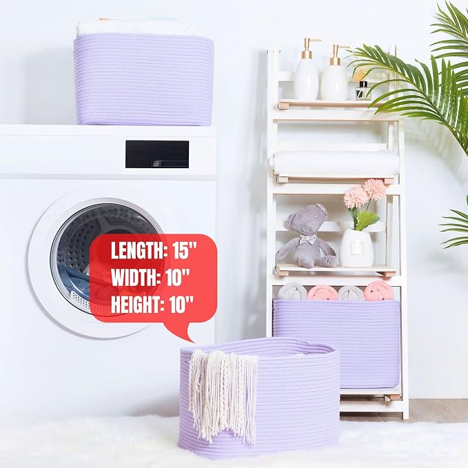 3-Pack Storage Baskets and Cube Bins for Shelves, Playroom and Classroom, Decorative Woven Closet Organizers for Books, Shoes, and Pantry Items, Lavender Purple - Image 6