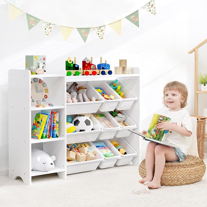 MallBest Kids Toy Storage Organizer with Bins, Solid Pine Wood Frame Toy Storage Cabinet and Kids Bookshelf, 3-Tier Playroom Organizer for Kids Room, Nursery and Bedroom, White - Image 7