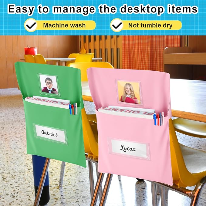 Yeyeplum 24 Pcs Chair Pockets for Classroom Chairback Pocket Chart 14 x 18 Inch Desk Organizer Pocket Chair Bag for Seat Kindergarten School Classroom(Bright,Novel) - Image 5