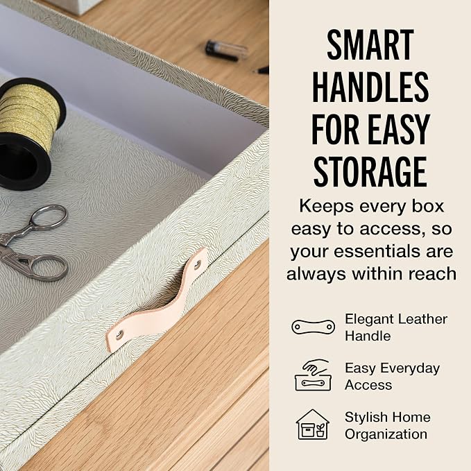 Bigso Oskar Fiberboard Document Storage Box with Lid for A4 and Letter Size Papers - Stylish, Sturdy, and Stackable Keepsake Box with Leather Handle - W10.2in x D13.8in x H3.3in - Waves Gold - Image 5