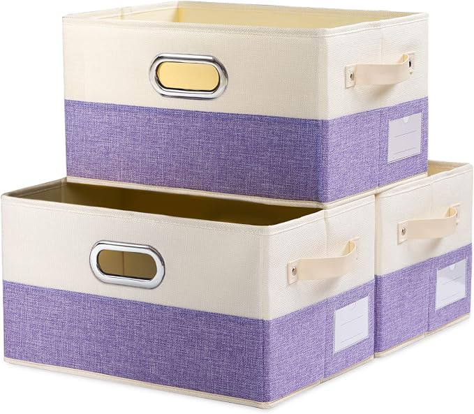 Large Fodable Storage Bins for Closet [3-pack] Decorative Fabric Storage Baskets Cubes with Leather/Metal Handles for Shelves Bedroom Living Room Purple&Cream (14.9x9.8x8.3 Inch) by Prandom