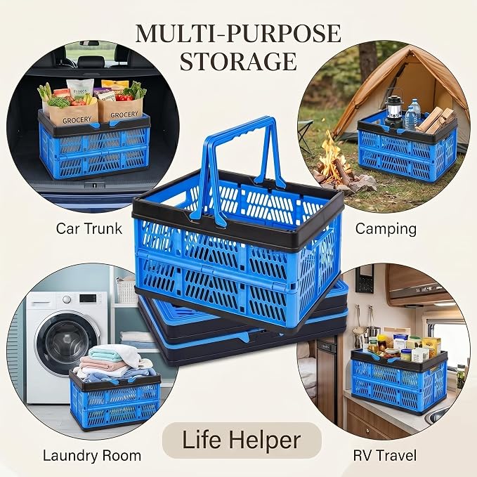 3 Packs 20L Collapsible Plastic Shopping Basket with Handles - Plastic Foldable Storage Crates - Ultra Flat 1.7" Folding Grocery Baskets for Car Trunk, RV & Home Organization (Lightweight Design) - Image 3