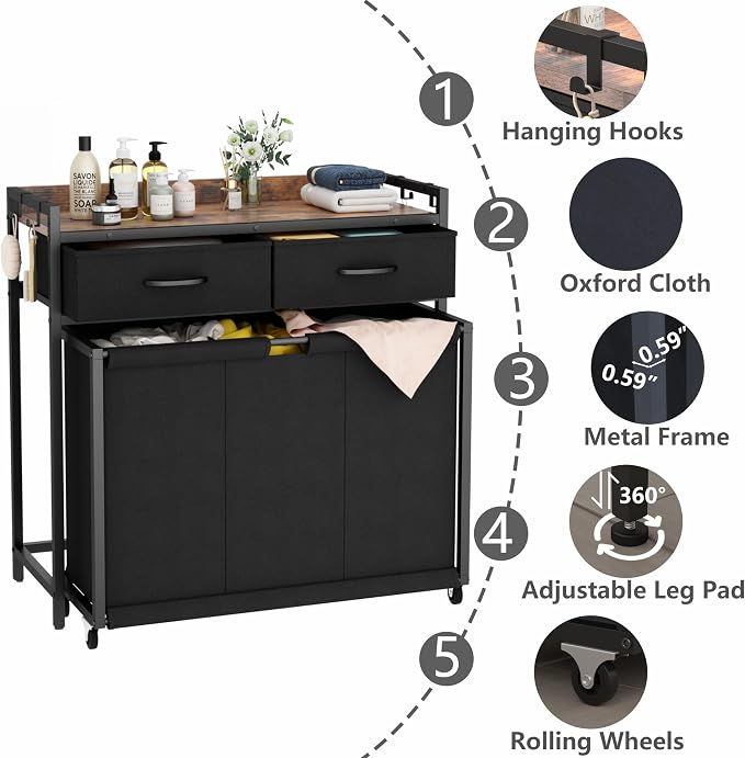 STIKELY Laundry Hamper Laundry Basket with 3 Section Pull-Out Rolling Bags, Laundry Sorter for Organization and Storage with 2 Pull-Out Drawers for Laundry Room, Bathroom, Bedroom Use (Rustic Brown) - Image 8