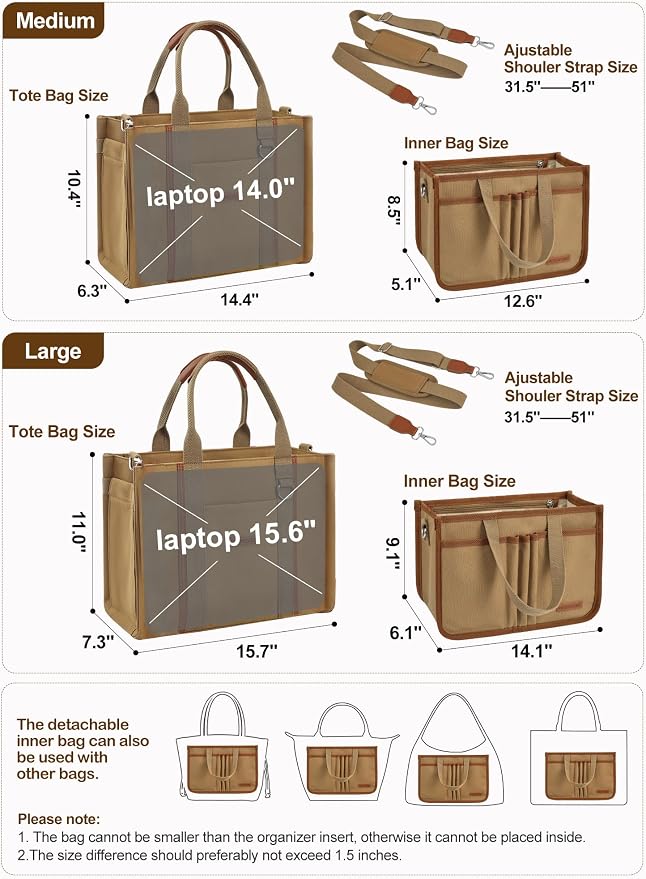 BESBESME Women’s Canvas Tote Bag with Zipper and Compartments – Multi-Pocket Laptop Work Crossbody Shoulder Tote Purse - Image 4