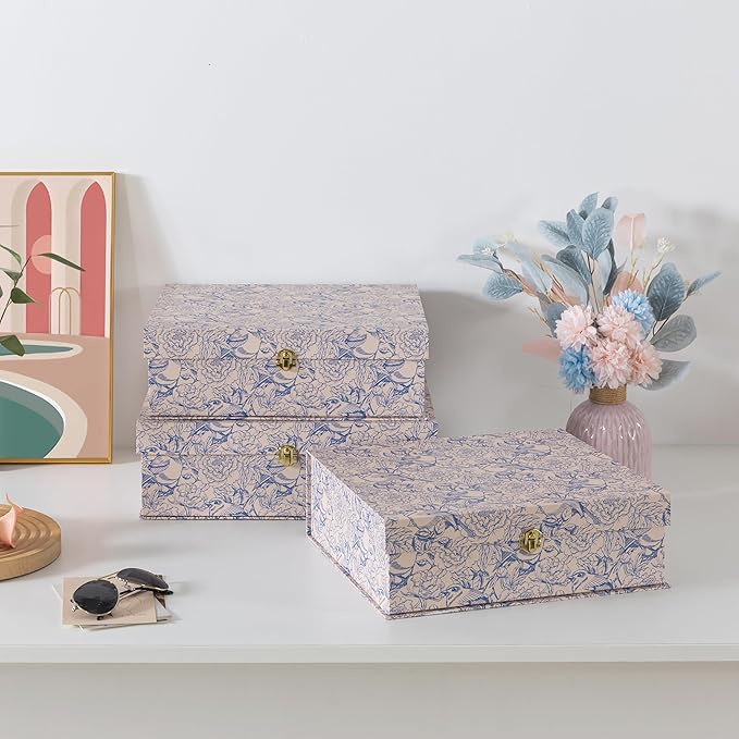 Soul & Lane - Blue Floral Storage Boxes with Gold Hardware, Set of 3 | Keepsake Trunk Style Storage Boxes with Lids for Home Decor and Organizing, Cute White Vintage Wedding Memory Chests - Image 4