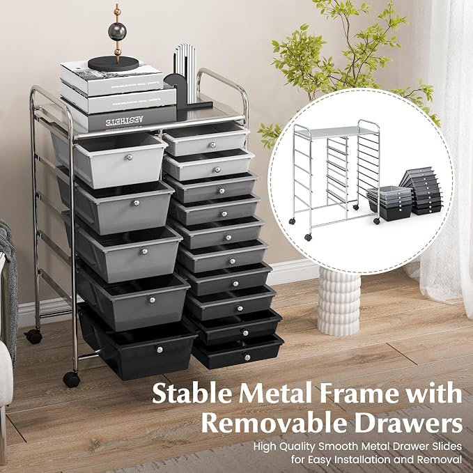 RELAX4LIFE 15-Drawer Storage Drawer Cart - Mobile Rolling Utility Cart with Wheels, Steel Frame, Craft Organizer for Classroom Organization and Storage, School, Office, Home, Gradient Black - Image 5