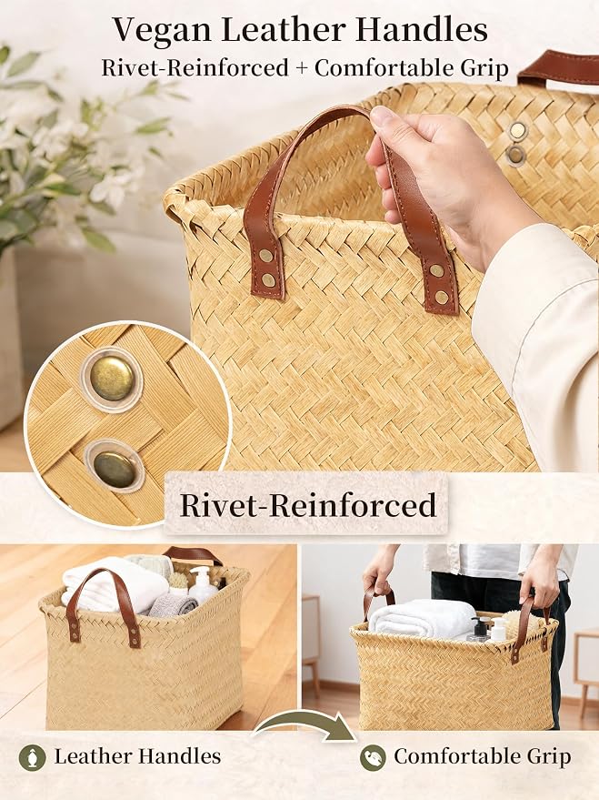 Wicker Storage Baskets, 4 Pack Woven Baskets for Shelves, Yellow | PP Rattan, Water-resistant Wicker Basket, Large Baskets with Faux Leather Handles for Blanket, Laundry Organizer, Room Decor - Image 6