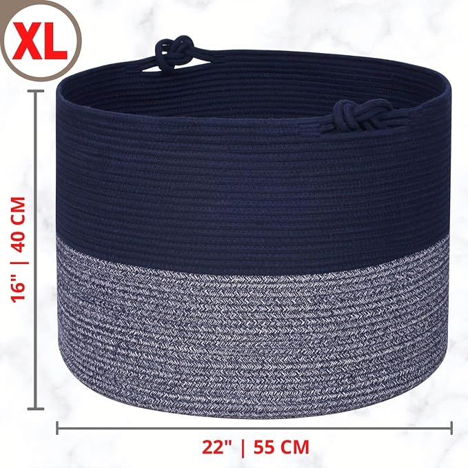 Extra Large 22 x 16in Decorative Woven Cotton Rope Blanket Storage Basket Bin Living Room with Handles and Laundry Hamper for Pillows, Pool Towels, Dog Toys, Shoes, Navy Blue - Image 2