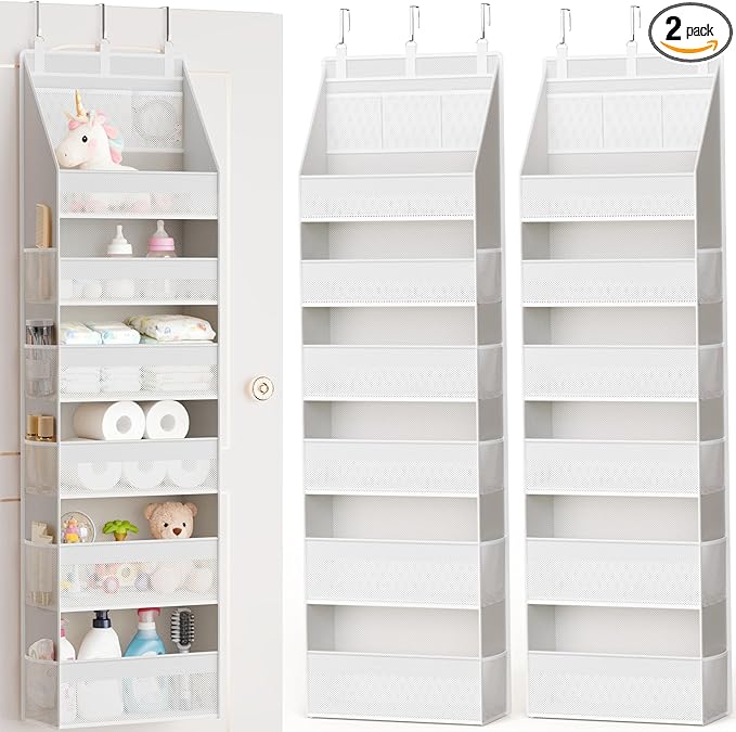 2 Pack Over the Door Organizer, Heavy-Duty 6-Shelf Hanging Storage with 13 Mesh Pockets, 55lbs Capacity Behind the Door Storage for Nursery, Bathroom, Bedroom, and Dorm, White by Criusia
