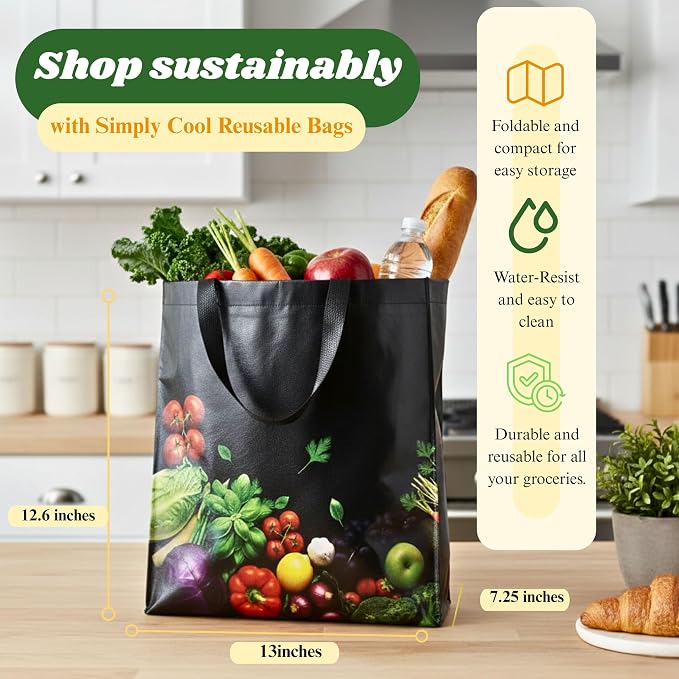 Simply Cool 50 Pack Reusable Grocery Bags, Large Tote Bags Bulk, Printed | 13”x12.6”x7.25" Heavy Duty Non-woven Black Shopping Bags with Handles, Foldable, Washable for Retail and Commercial use - Image 3
