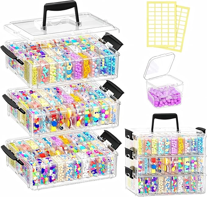 3-Tier Large Capacity Stackable Bead Organizer Box 90 Pcs, Portable Plastic Craft Storage Containers for Jewelry Making, Bracelets, DIY, Nail Art Charms - Image 3
