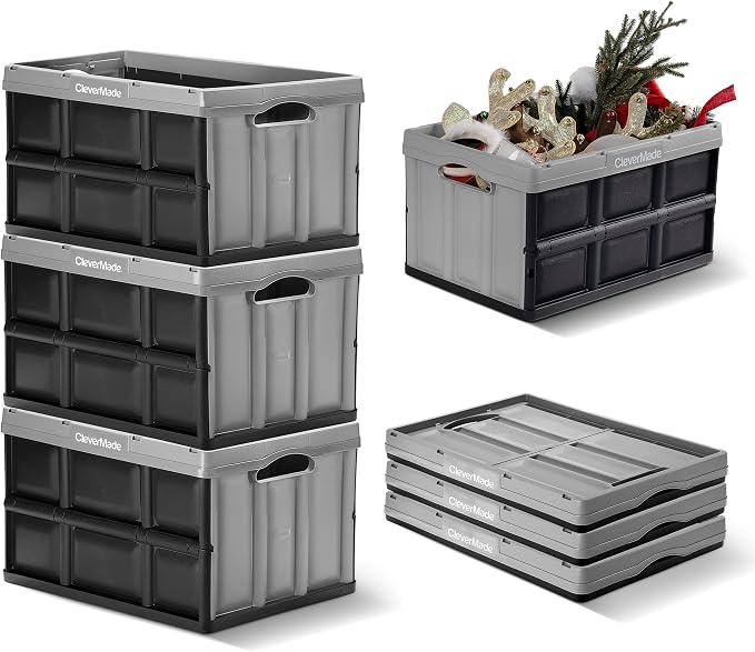 CleverMade Collapsible Storage Bins, 46L, 3 Pack Foldable Storage, Stone | Carry Groceries, Tools, and Gear Without Bulky Totes | Each Bin Holds 75 lb, Stacks Securely, and Folds to 2.75 Inches by CleverMade