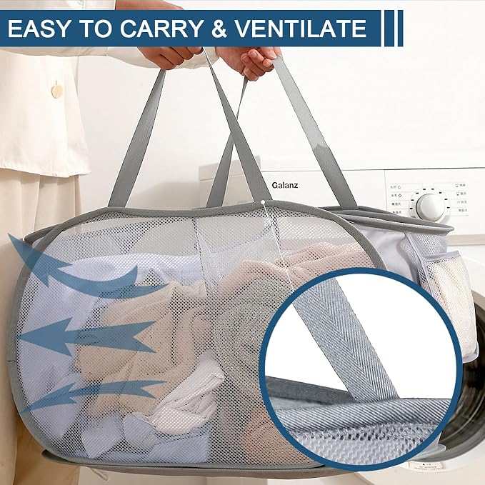 6 Pack Collapsible Laundry Baskets, 2 Compartment Pop Up Hamper, 6 Colors | Easy carry handles and foldable mesh design make these hampers suitable for dorms, laundry rooms, travel, and toy storage. - Image 8