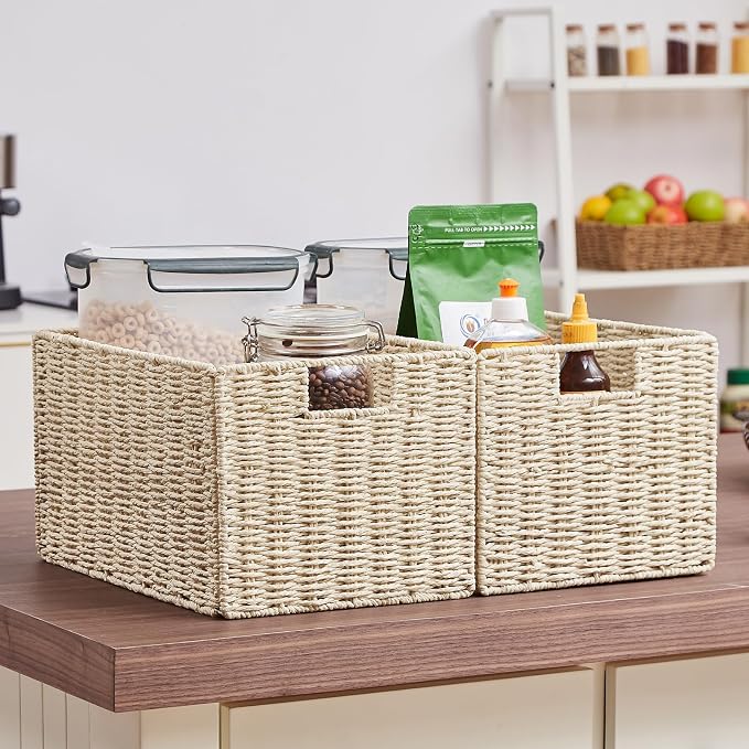 Wicker Storage Basket, Set of 2 Hand-Woven Paper Rope Wicker Basket, Small Storage Baskets for Organizing Toilet Paper Baskets, Foldable Large Cube Storage Organizer Bin for Shelves (Beige) - Image 5