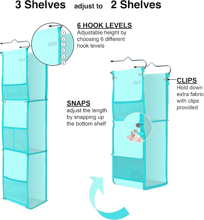 ABRA® 3 Shelf Hanging Locker Organizer for School, Work, Gym, Storage | Deep Shelves 6.5" x 9”| Eco-Friendly Fabric | Adjustable School Locker Shelf from 3 to 2 Shelves (Ocean Turquoise).5 - Image 5
