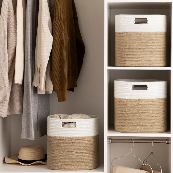UBBCARE Set of 4 Storage Basket-13 X 13 X 13 in, Cotton Rope Basket for Shelves, Toys, Book, Cube Storage Bins with Handles, Woven Storage Basket for Organizing, White & Jute - Image 7