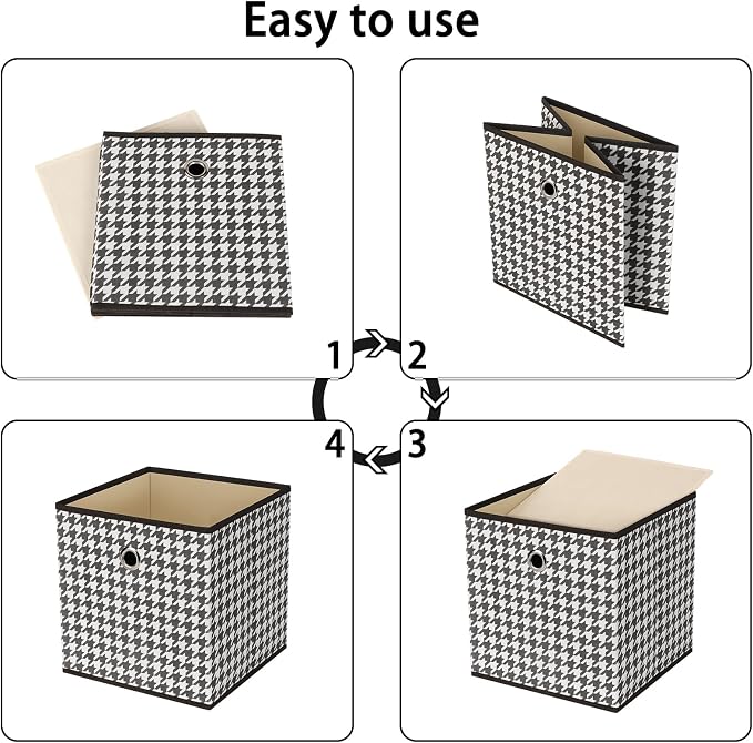 Foldable Storage Cubes Bins ,11 Inch Cloth Storage Cube Fabric Storage Box Cubes Organizer Baskets with Dual Handles for Home Organizer Set of 6 (Houndstooth) - Image 6