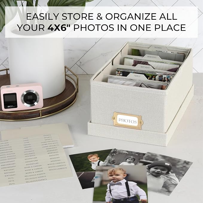 Decorative Photo Storage Box - Sturdy Linen Organizer Holds 850 4x6 Photos | Organizer with Dividers Stores Up to 850 Pictures - Portable Scrapbook Storage Containers with Lid - Image 2