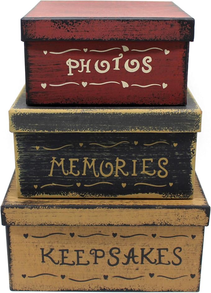 Primitive Vintage Square Photos, Memories, Keepsakes Cardboard Nesting Boxes, Large 9 X 9 X 4-1/2 Inch. Set of 3. by CVHOMEDECO