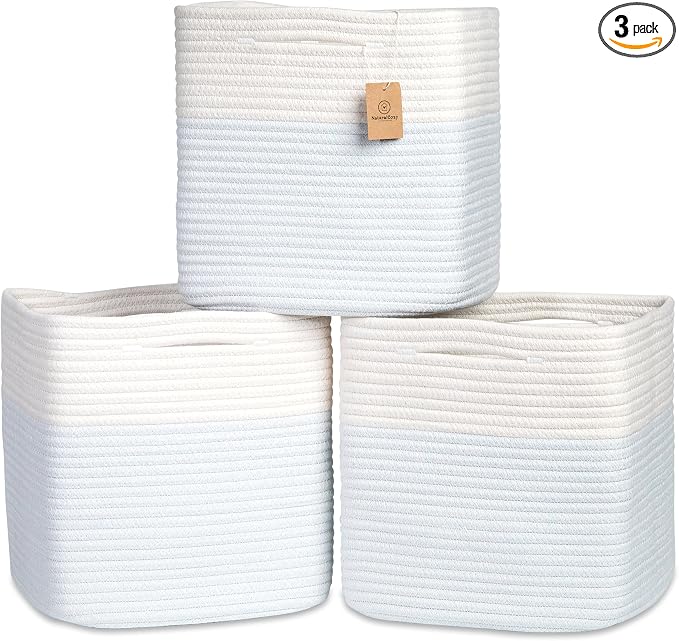 NaturalCozy 13 Inch Cube Storage Bins Cotton Rope Woven Baskets for Organizing 3-Pack | 13 x 13 Storage Cubes | Fabric Square Storage Baskets for Shelves Organizer, Kids Toy Bins, Closet Baby Nursery by NaturalCozy