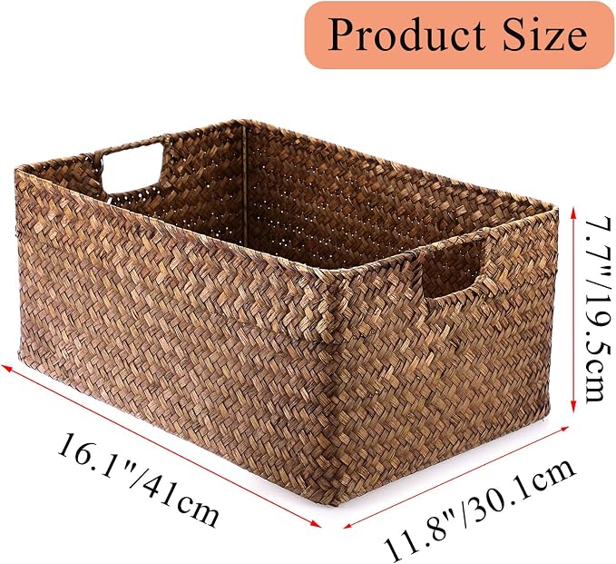 Hipiwe Seagrass Storage Baskets Bin for Shelf, X-Large Woven Wicker Basket | Rectangular Bathroom Baskets Organizer Built-in Handles, Multipurpose Storage Basket Bin, 16.1"L x11.8"W x7.7"H - Image 2